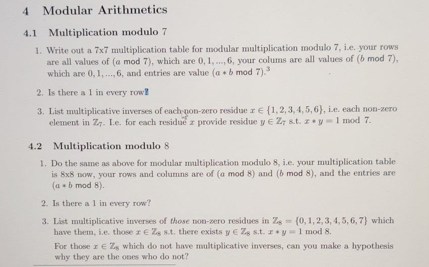 Solved 4 Modular Arithmetics 4.1 Multiplication modulo 7 1. | Chegg.com