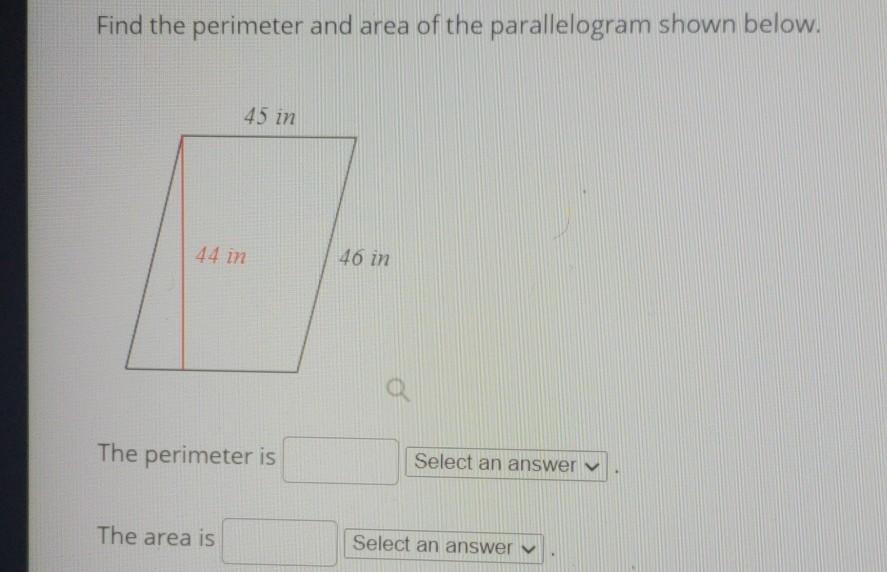 Solved Find the perimeter and area of the parallelogram | Chegg.com