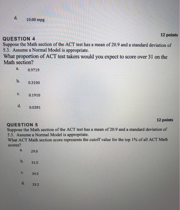 Solved QUESTION 1 EPA fuel economy estimates for automobile