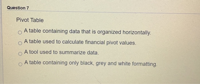 Solved Question 7 Pivot Table A table containing data that | Chegg.com