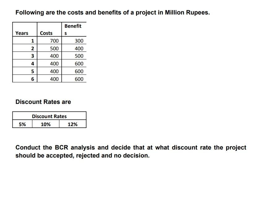 Solved Following are the costs and benefits of a project in | Chegg.com