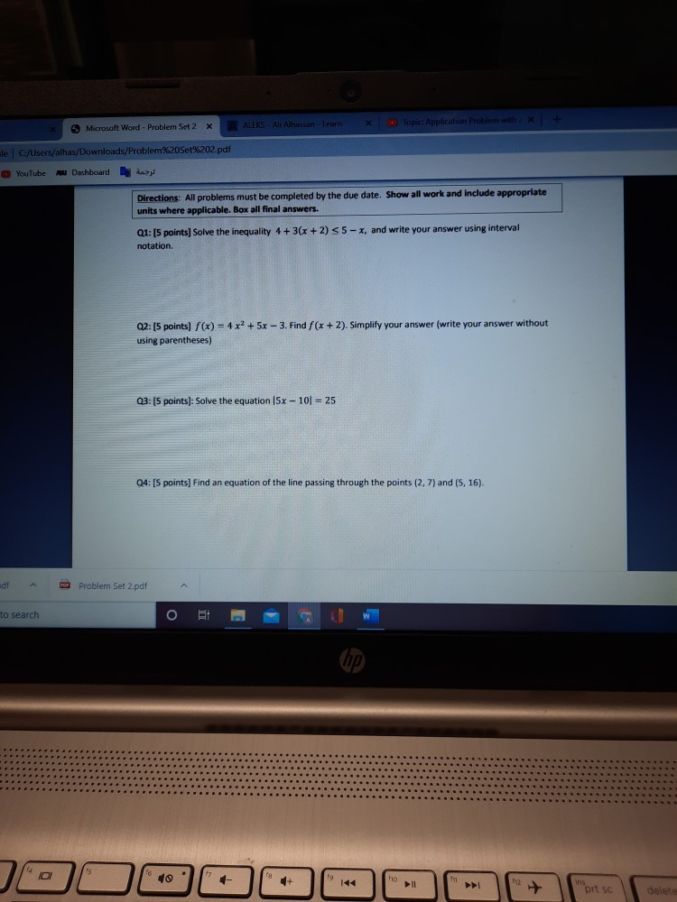 Solved 5 Microsoft Word Problem Set 2 ALEKS Ali Alhassan