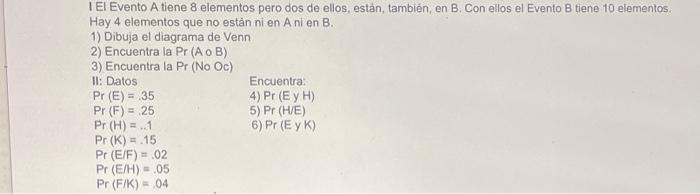 I El Evento A tiene 8 elementos pero dos de ellos, estản, también, en B. Con ellos el Evento B tiene 10 elementos. Hay 4 elem