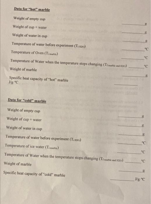 Solved Data for "hot" marble Weight of empty cup Weight of