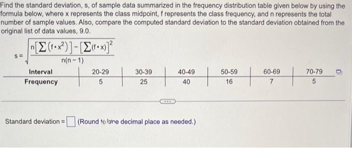 Solved Find the standard deviation, s, of sample data | Chegg.com