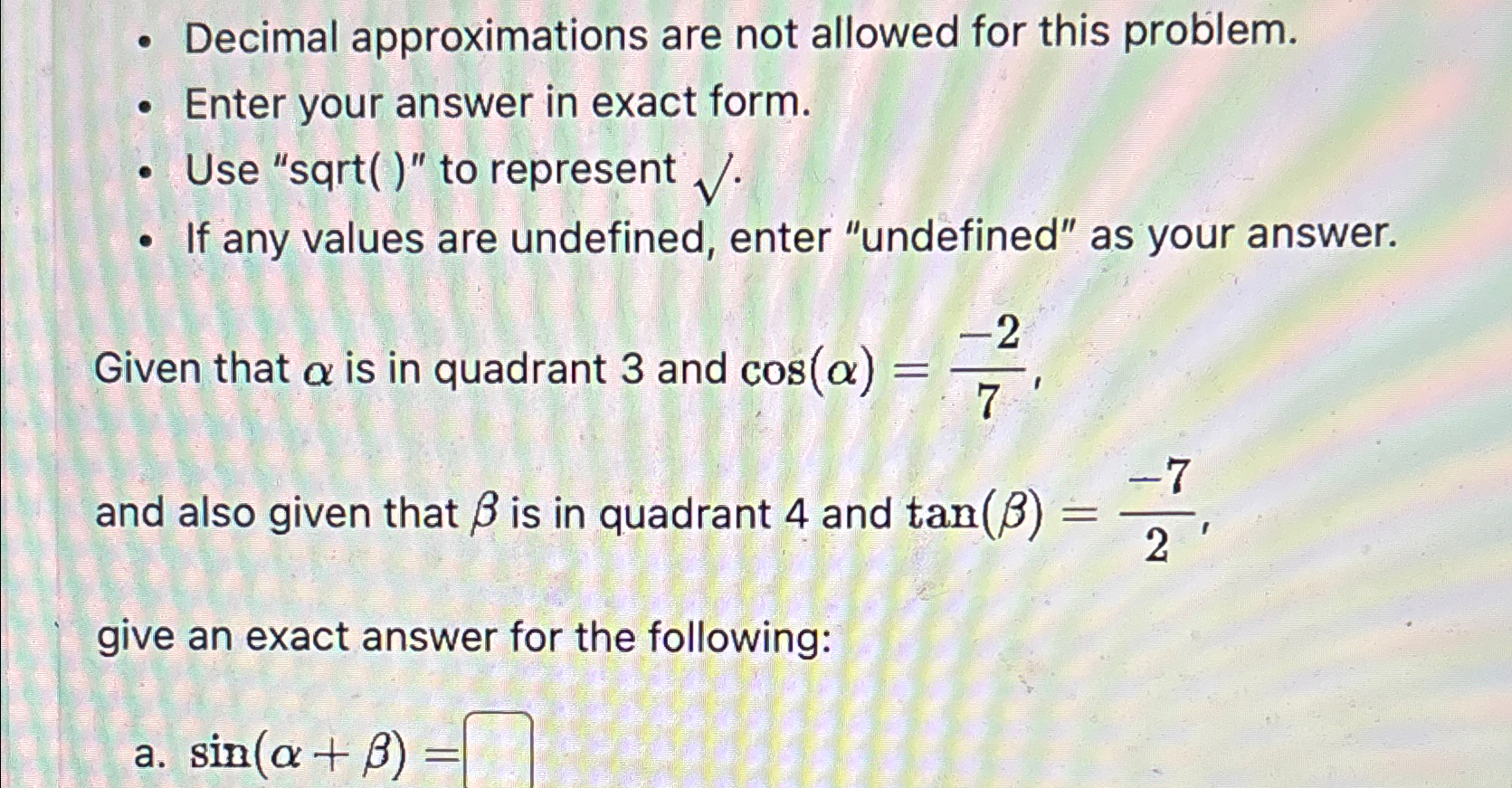 Solved Decimal approximations are not allowed for this | Chegg.com