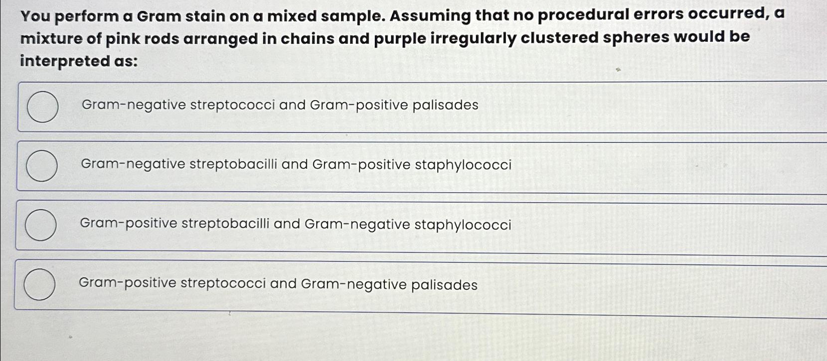 Solved You perform a Gram stain on a mixed sample. Assuming | Chegg.com