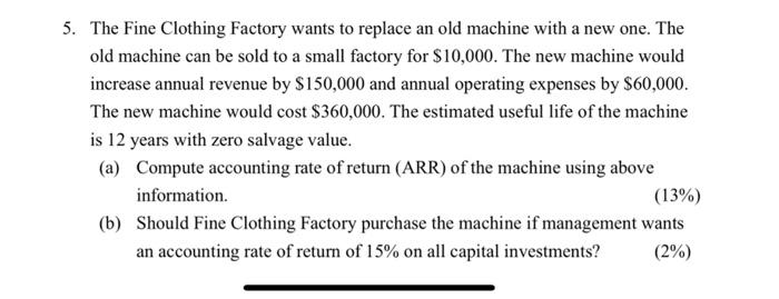5. The Fine Clothing Factory wants to replace an old machine with a new one. The old machine can be sold to a small factory f