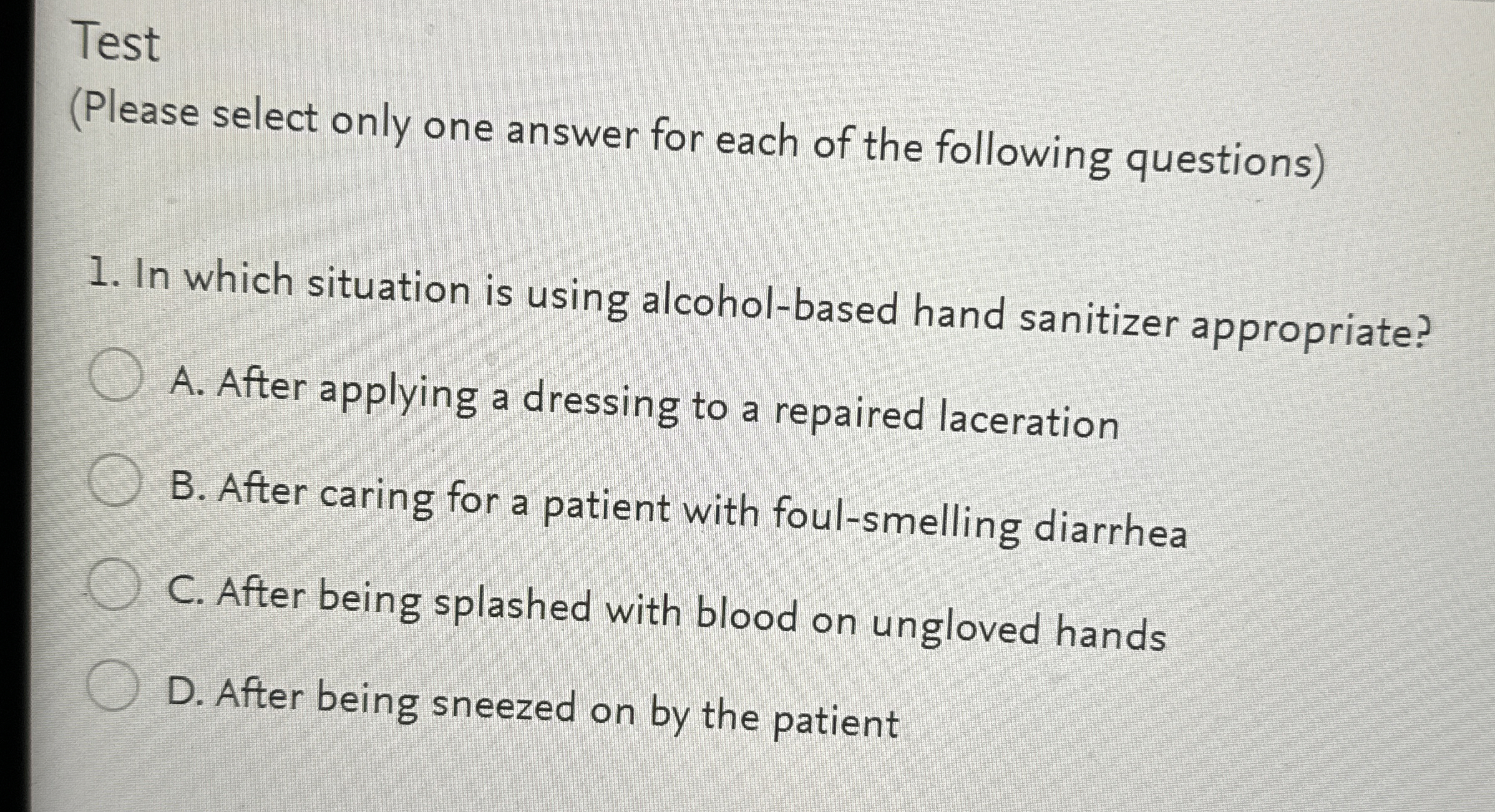 Solved Test(Please select only one answer for each of the | Chegg.com