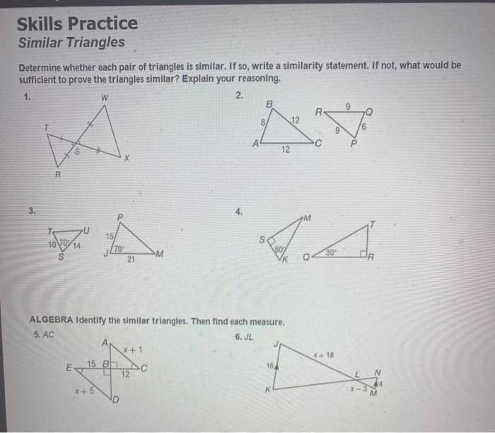 Solved Skills Practice Similar Triangles W Determine Whether 3496