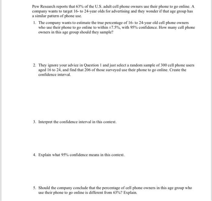 Solved Pew Research Reports That 63 Of The U S Adult Ce Chegg Com