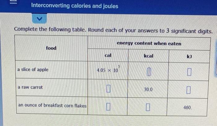 Interconverting Calories And Joules, Round Table Calories Per Slice