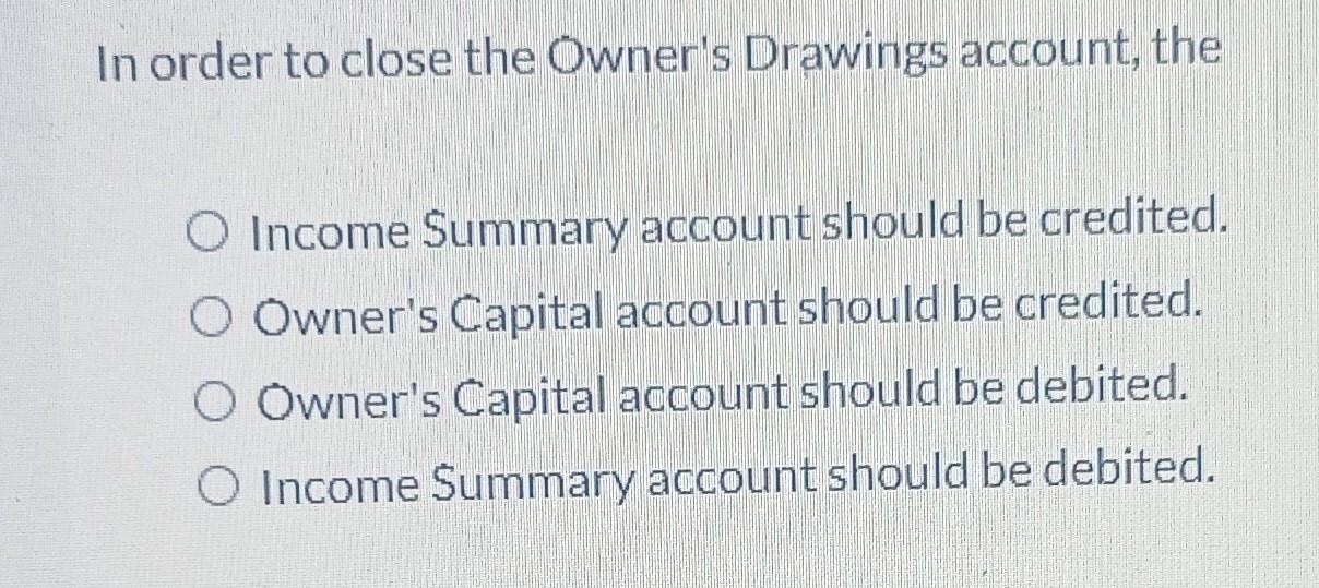 Solved In order to close the Owner's Drawings account, the