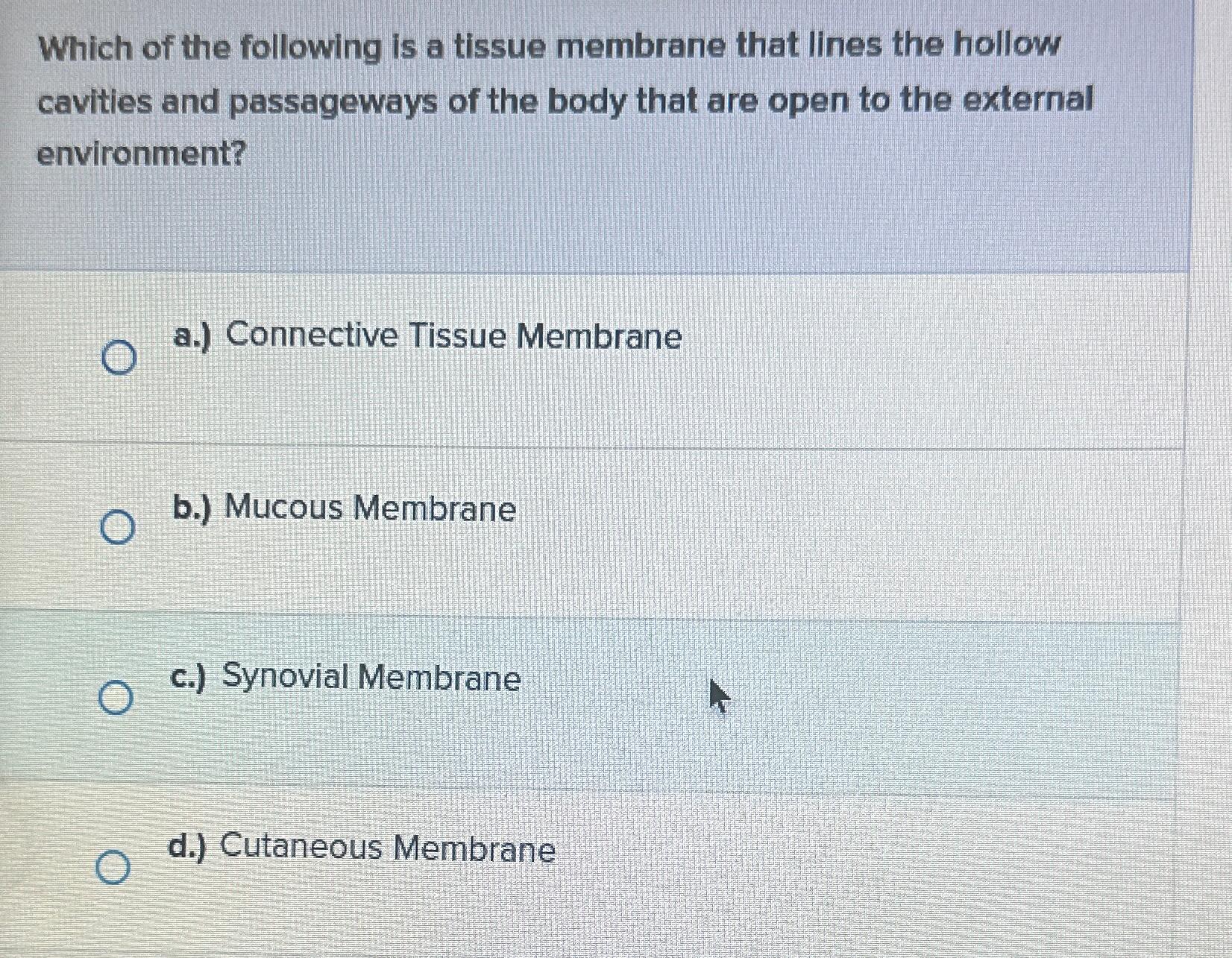 Solved Which of the following is a tissue membrane that | Chegg.com