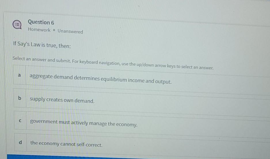 Solved Question 6 Homework - Unanswered If Say's Law Is | Chegg.com