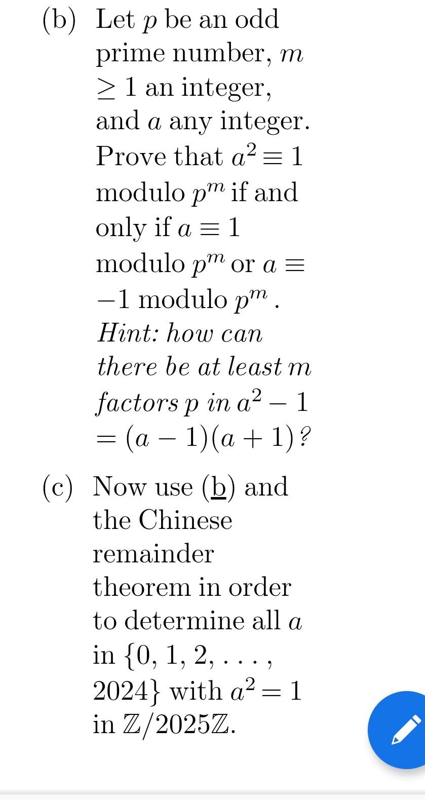 Solved Let P Be An Odd Prime Number, M ≥1 An Integer, And A | Chegg.com