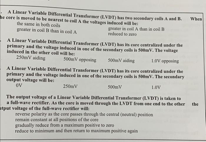 Solved A Linear Variable Differential Transformer (LVDT) has | Chegg.com