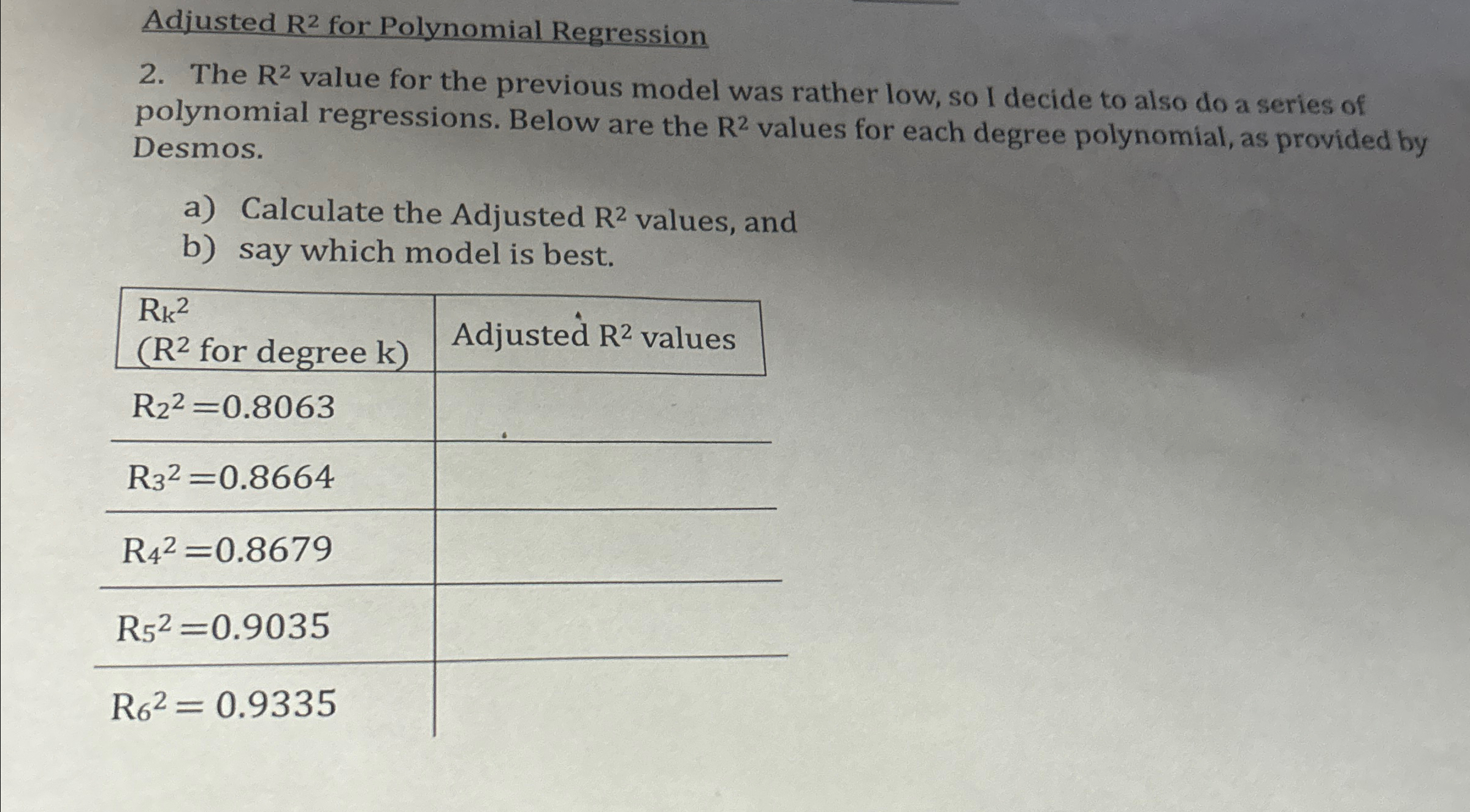 Solved Adjusted R2 ﻿for Polynomial Regression2. ﻿The R2 | Chegg.com