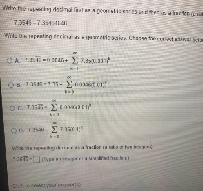 Solved Write the repeating decimal first as a geometric | Chegg.com
