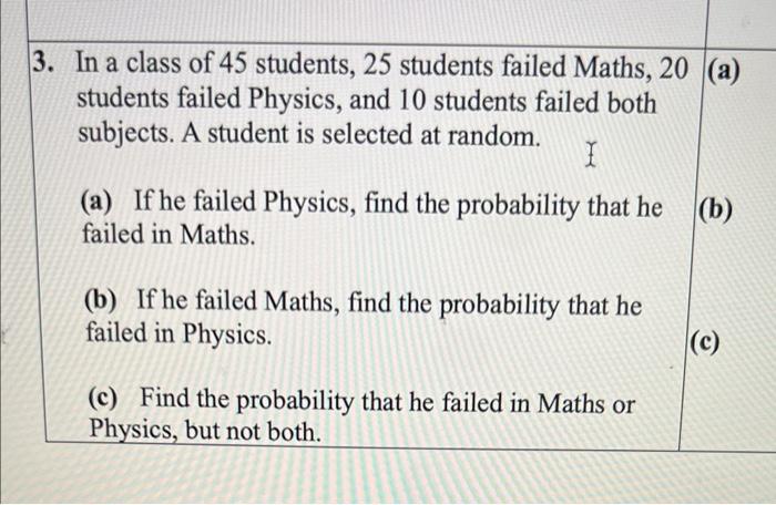 Solved 3. In a class of 45 students, 25 students failed | Chegg.com