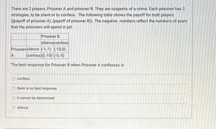 Solved There Are 2 Players, Prisoner A And Prisoner B. They | Chegg.com