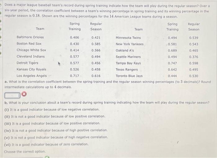 Solved Does a major league baseball team's record during | Chegg.com