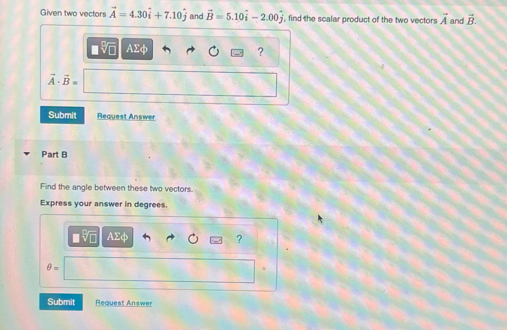Solved Given two vectors vec(A)=4.30hat(i)+7.10hat(j) and | Chegg.com