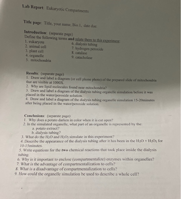 Lab Report Eukaryotic Compartments Title Page Chegg Com