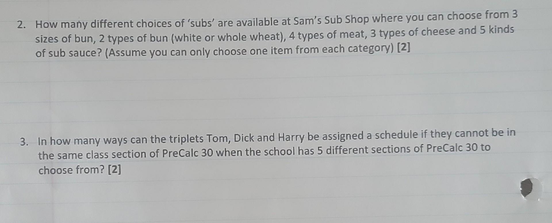 Solved 2. How many different choices of 'subs' are available