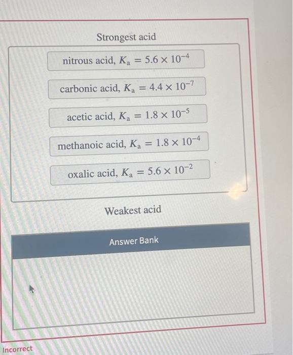 Solved Strongest acid nitrous acid, Ka=5.6×10−4 carbonic
