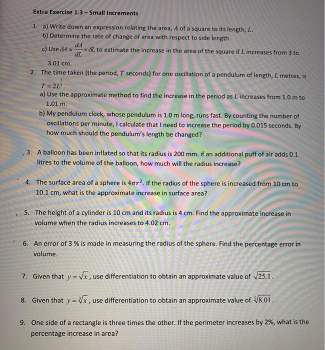 Solved Extra Exercise 1.3-Small Increments 1. a) Write down | Chegg.com