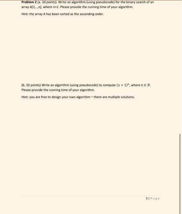 Solved Problem 2 (a. 10 points). Write an algorithm (using | Chegg.com
