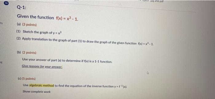Solved Given the function f(x)=x3−1 (a) (3 points) (1) | Chegg.com