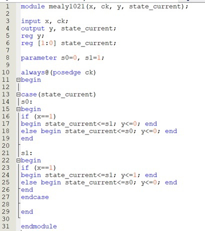 Solved 0/0 So 1/0 0/0 Si 1/1 1 module mealy1021(x, ck, y, | Chegg.com