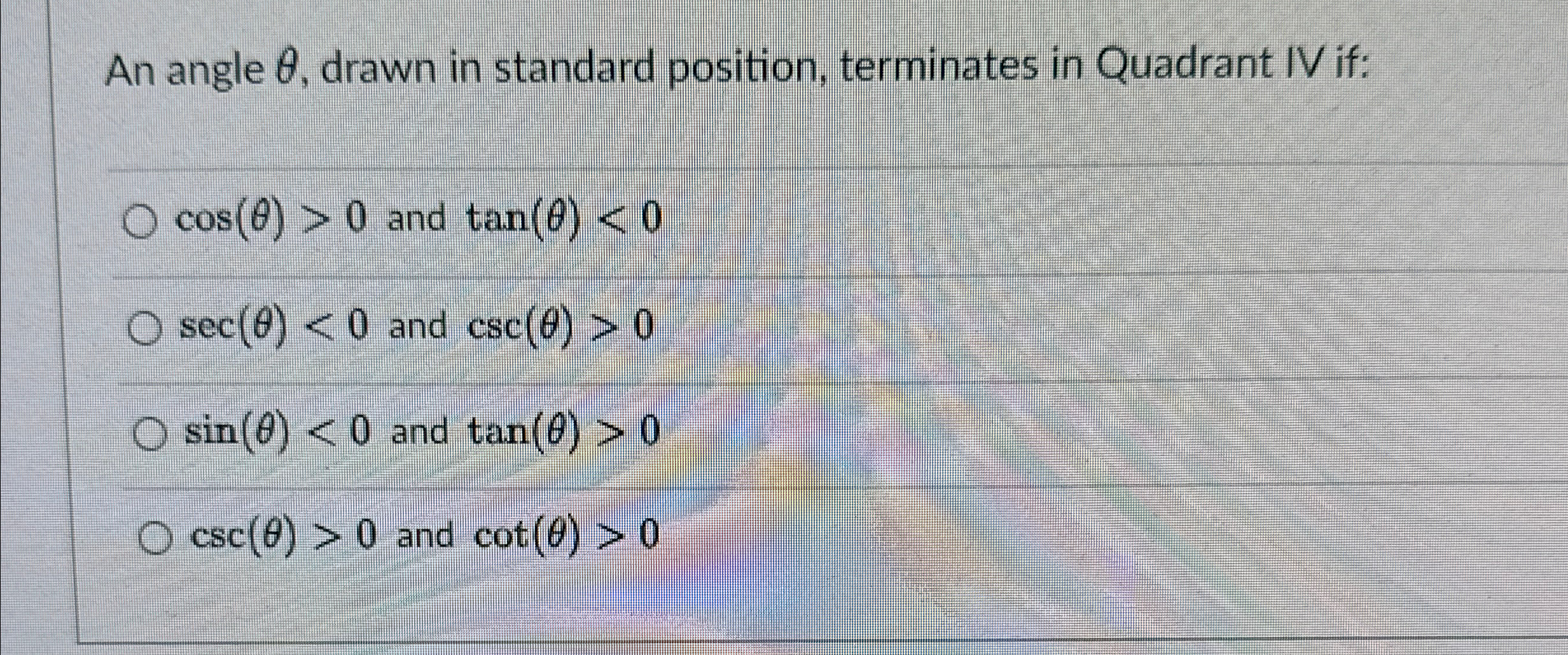 Solved An angle θ, ﻿drawn in standard position, terminates | Chegg.com