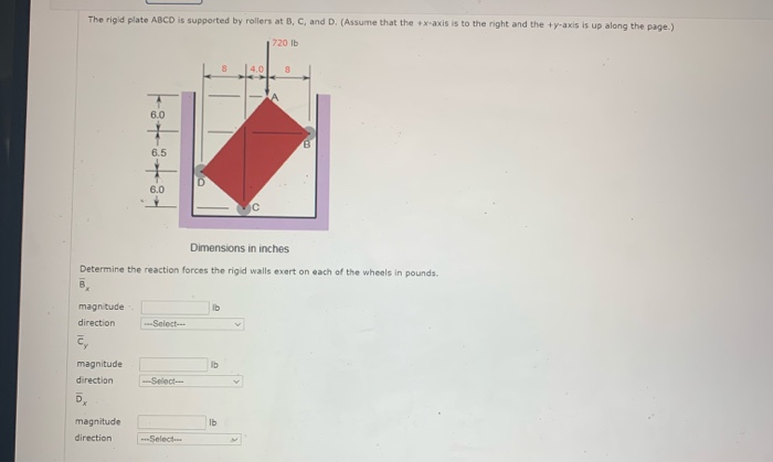 Solved The Rigid Plate Abcd Is Supported By Rollers At B C