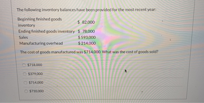Solved The following inventory balances have been provided | Chegg.com