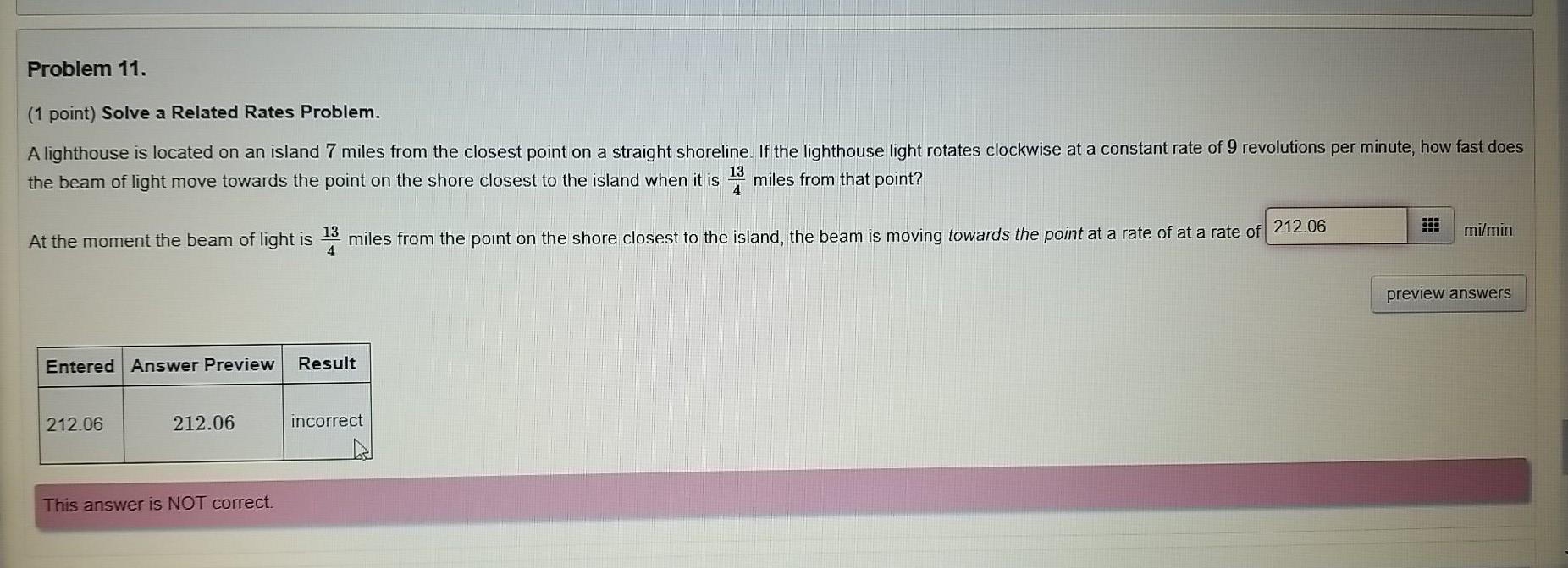 Solved Problem 11. (1 point) Solve a Related Rates Problem. | Chegg.com