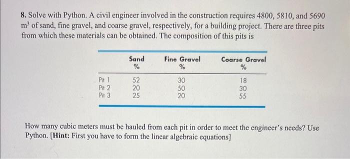 Solved 8. Solve with Python. A civil engineer involved in | Chegg.com