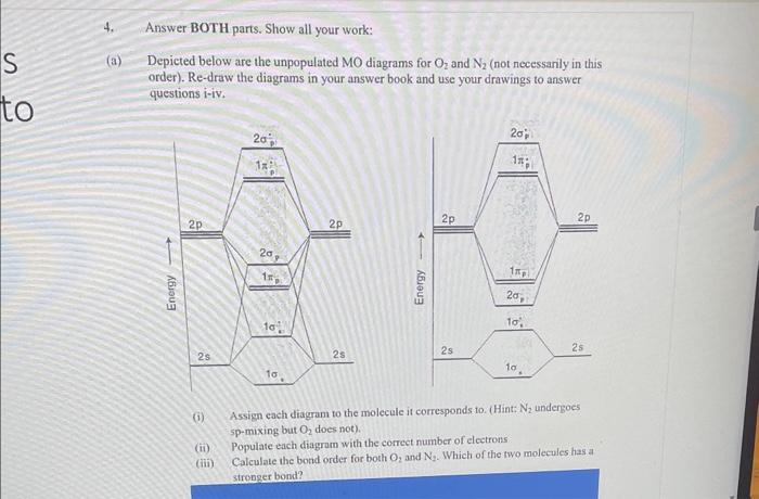 Depicted below are the unpopulated MO diagrams for \( \mathrm{O}_{2} \) and \( \mathrm{N}_{2} \) (not necessarily in this ord