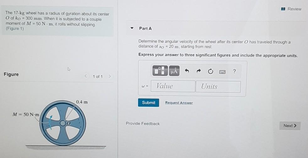Solved Review The 17-kg wheel has a radius of gyration about | Chegg.com