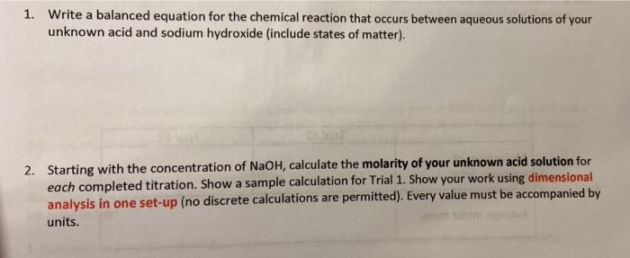 Solved 1. Write a balanced equation for the chemical | Chegg.com