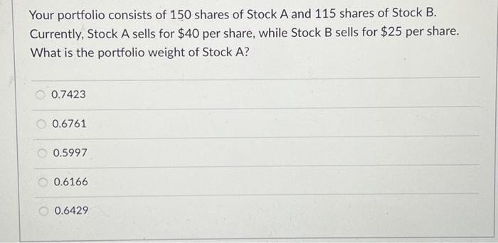 Solved Your portfolio consists of 150 shares of Stock A and | Chegg.com