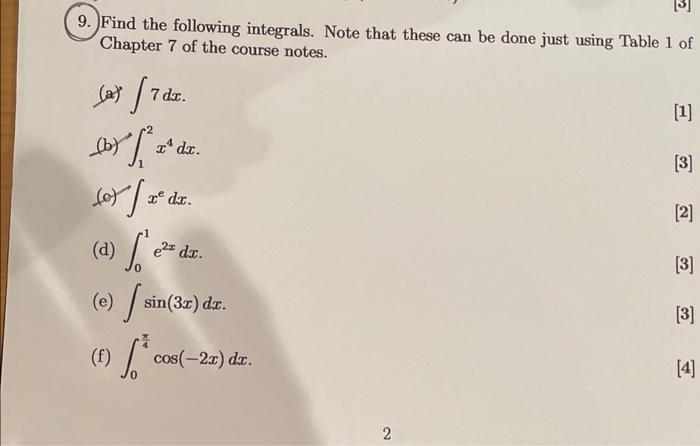 Solved 9. Find the following integrals. Note that these can | Chegg.com