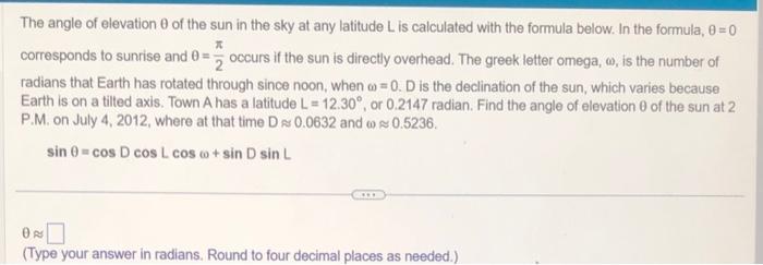 Solved The angle of elevation θ of the sun in the sky at any | Chegg.com