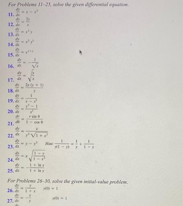 Solved For Problems 11-25, solve the given differential | Chegg.com