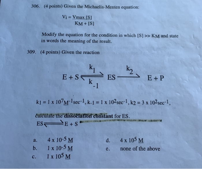 Solved 306 4 Points Given The Michaelis Menten Equation Chegg Com