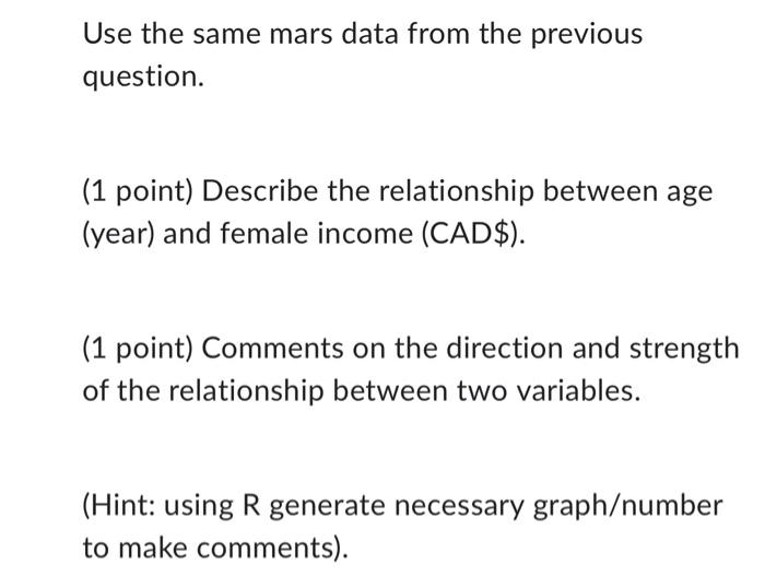 Use the same mars data from the previous question. (1 | Chegg.com