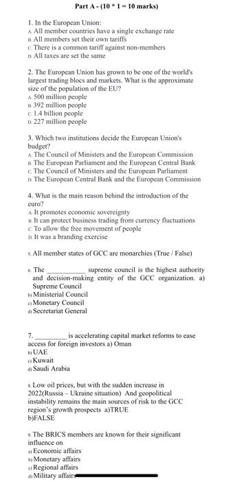Part A-(101-10 marks) 1. In the European Union: A. | Chegg.com
