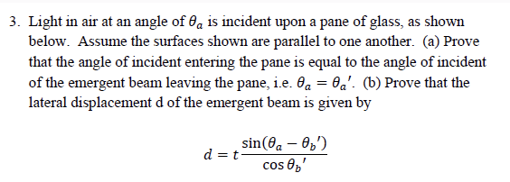 Solved Light in ﻿air at an ﻿angle of θa is ﻿incident upon a | Chegg.com